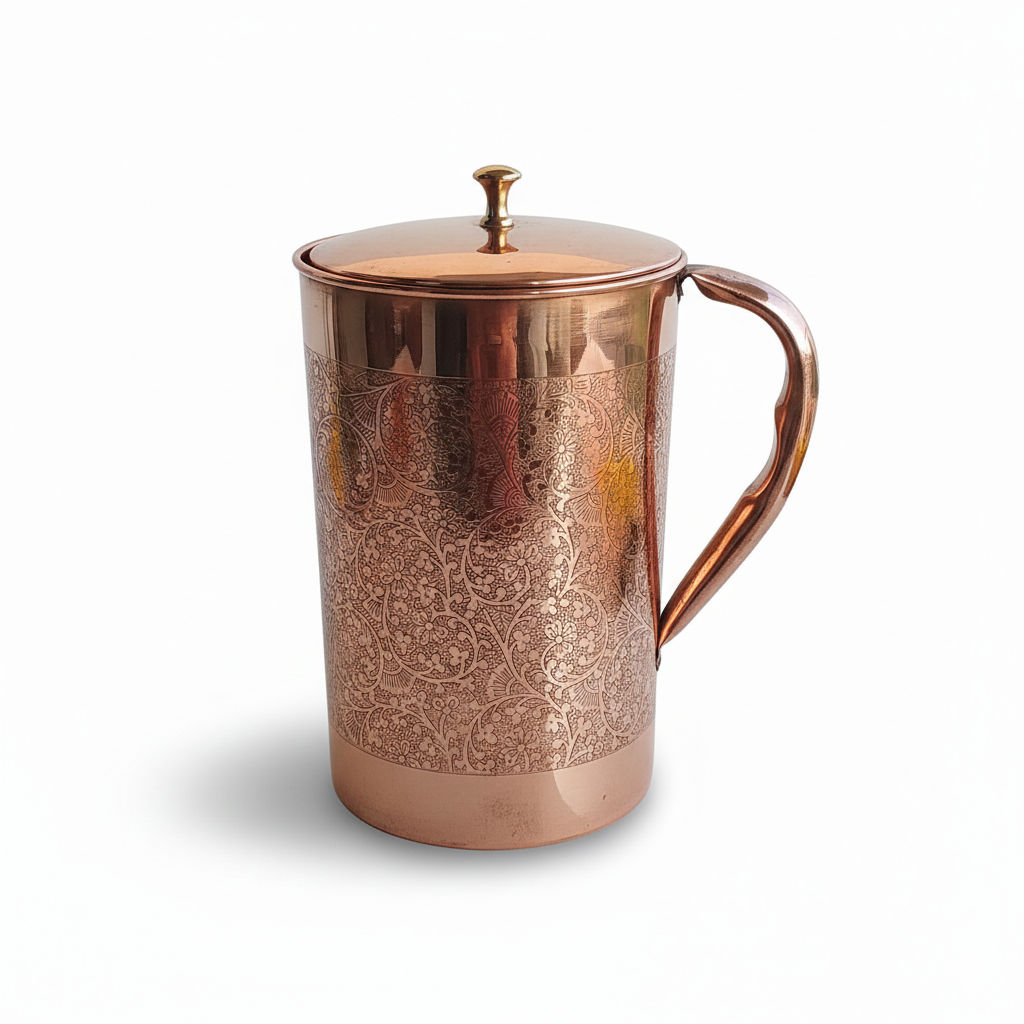 Pure copper embossed jug with brass knob on lid fullembossed, 2000 ML